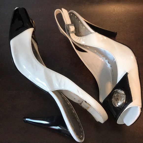 BCBGIRLS black/white open toe heels - Picture 5 of 8